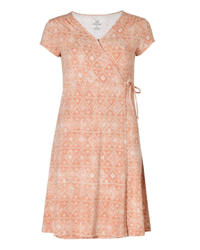 Front of a model wearing a size L Padma Wrap Dress in Desert Sand Geo in Desert Sand Geo by Sherpa Adventure Gear. | dia_product_style_image_id:342711